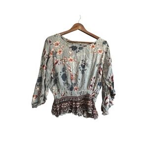 Gypsy Love Womens Smocked Waist Floral Print Peplum Blouse Top XL